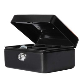 Decaller Small Cash Box With Key Lock, Portable Metal Money Box With Double Layer & 2 Keys For Security, Black, 6 1/5"x5"x3", Qh1509Xs