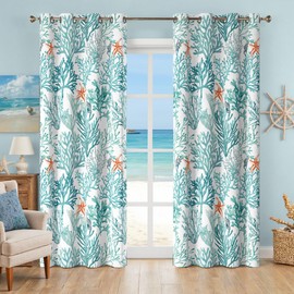 Coastal Beach Curtains 2 Panels Set Nautical Ocean Patterned Themed Thermal Insulating 50% Light Blocking Room Darkening Grommet Window Coral Print Drapes for Living Room Bedroom, Teal, 52x63 Inches