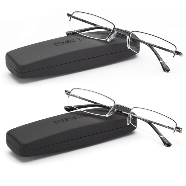 DOUBLETAKE Reading Glasses - 2 Pairs Compact Case Semi Rimless