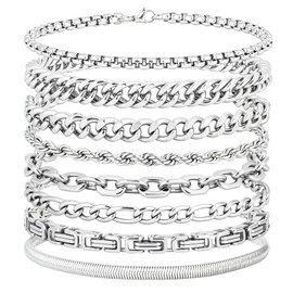 8 Pcs Stainless Steel Bracelets for Men Cuban Link Bracelet Set