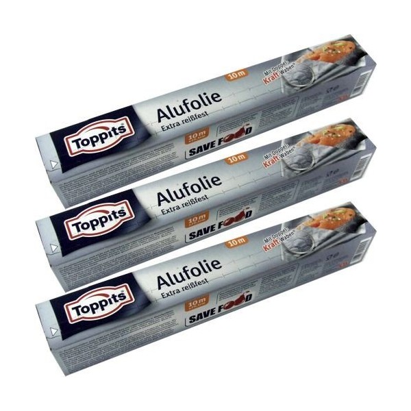 Toppits Three Aluminium Foil Extra Tear-Resistant with Double Force Honeycomb (Pack of 3 x 10 m x 29.5 cm)
