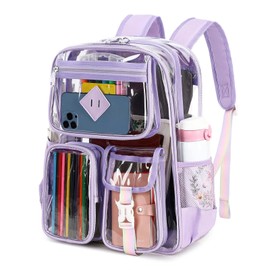 PIG PIG GIRL Clear Backpack for School,Heavy Duty PVC Transparent Bookbag for Girls Stadium Approved See Through Backpack for Women for College Work Travel Festival,Purple