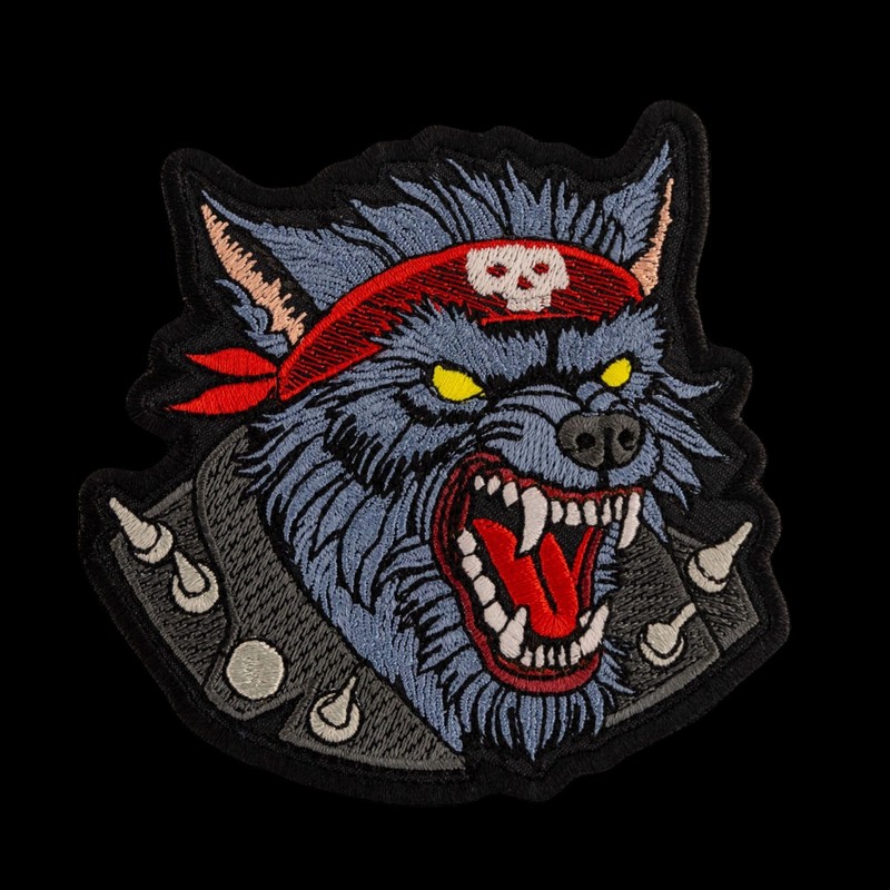 Evil Wolf with Fangs in a Leather Biker Jacket. Embroidered