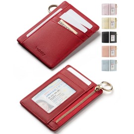 Vulkitty Women Minimalist Slim Front Pocket Wallet Keychain Small Purse RFID Blocking Credit Card Holder with ID Slot Window (Red)