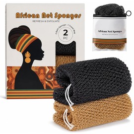 African Net Sponge 2 Pack - Exfoliating Body Scrubber & Back Washer, Long Stretchy Shower Net for Smooth Skin, Removes Dead Skin (Grey & Beige)