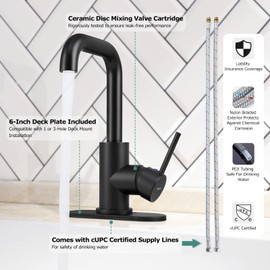 PARLOS Bar Sink Faucet Single Handle Swivel Bar Mixer with 3 Hole Deck Plate, Single Hole Small Faucet for Bathroom Kitchen Sink, Matte Black