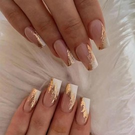 24pcs Square False Nails White Tip Stick on Nails Gold Sequins Press on Nails Pink Removable Glue-on Nails Fake Nails Women Girls Nail Art Accessories