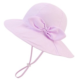 JUPSK Kids Sun Hat Toddler Summer Bucket Hat Wide Brim Beach Hat with Chin Strap UPF50 Bow Cap for Baby Child Girls 2-4 Years (Purple)