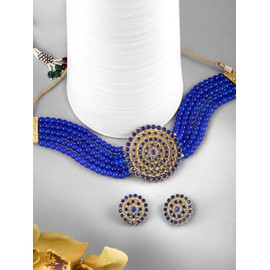Aheli Pearl Diamond Gargantilla Collar con pendientes redondos para mujeres niñas Conjunto de joyería de moda tradicional tradicional india de Bollywood (azul-1)
