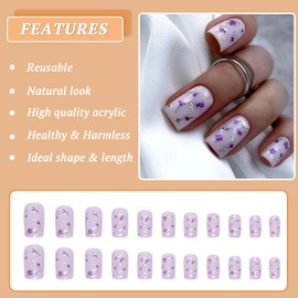Ceboic French Tip Short False Nails 24Pcs Square Press on Nails Glossy Purple Floral Fake Nails Acrylic Full Cover Stick on Nails for Women and Girls Daily Wear Salon
