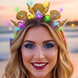 JEAIRTS Light Up Shell Headband Glowing Conch Hair Band Led Pearl Mermaid Costume Hair Accessories for Women (B-Shell+Crystal, Free Size)