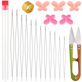 12 Pieces Beading Needles Big Eye Set, 6 Size Beading Needles Beading Embroidery Stainless Needles with Needle Bottle, 3 Pcs Bead Needle Threader, Scissors and Thimble for Jewelry Making