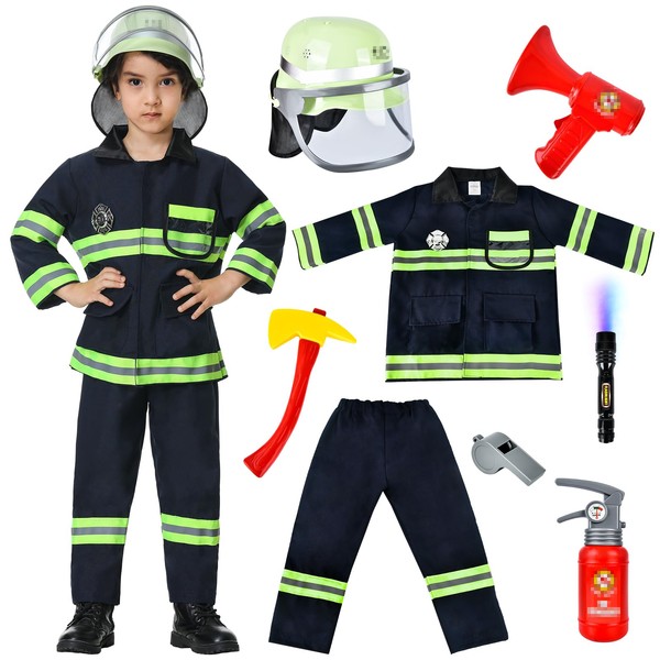 WELLCHY Children's Fire Brigade Costume, Firefighter Costume with Real Megaphone, Torch, Fire Extinguisher, Fire Helmet Children, Costume Fireman Children for Boys Girls Carnival Role Play
