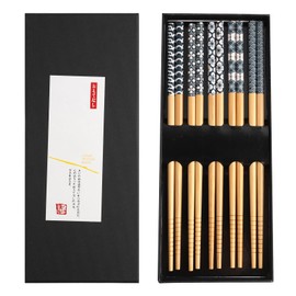 5 Pairs Japanese Style Bamboo Chopsticks Reusable Chopsticks with Box, Dishwasher Safe Chopsticks, 22.5 cm
