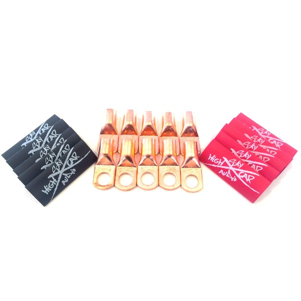 (10) 4 Gauge Copper Ring Terminals 3/8" Red/Black Heat Shrink