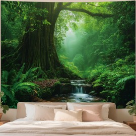 Apdidl Forest Nature Green Tapestry for Bedroom Decor, Misty Landscape Large Tree Tapestries Wall Mural Hanging, Fantasy Scenic Big Tree Rivers Backdrop for Living Room Indoor Outdoor Decoration 51" X 60"