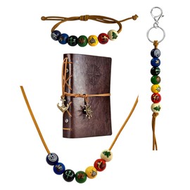 XHBTS 4 Set Camp Half-Blood Bracelet Keychian & Notebook & Brown Faux Leather Cord Colorful Painted Wooden Bead Demigod Olympian Necklace