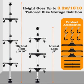 g00d4u 3-Bike Vertical Freestanding Bike Rack - Adjustable Height (5.74-13.12ft), Heavy-Duty Aluminum Alloy Wall-Mounted Storage for 29" Bikes, Space-Saving Garage & Apartment Bike Organizer