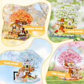 HJPLPXH Seasonal Cherry Blossom Tree Micro Mini Building Block Sets - Spring Pink, Summer Green, Autumn Orange, Winter Blue with Treehouse Decor - Perfect for Home Decoration & DIY Fun