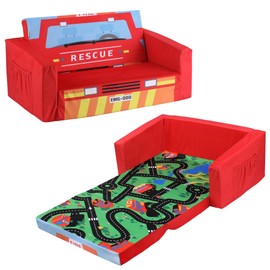 MallBest Kids Sofas, Extra Wide Toddler Couch Bed - 2 in 1 Baby Convertible Foam Chair to Lounger,Toddler Couch for Boys and Girls,Red/Fire Truck