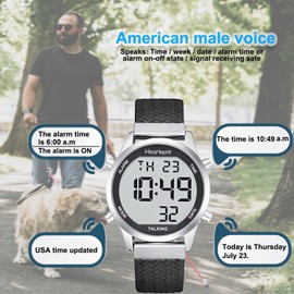 Hearkent Atomic Digital Talking Watch for Elderly Receives US Signals Automatic Time and Date Correction Big Numbers Easy to See Loud and Clear Male English Speaking, nylon black, medium, watch