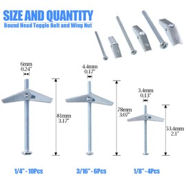 Glarks 24Pcs 1/8'', 3/16'', 1/4'' inch Zinc Plated Steel Round Head Toggle Bolt and Wing Nut Assortment Kit