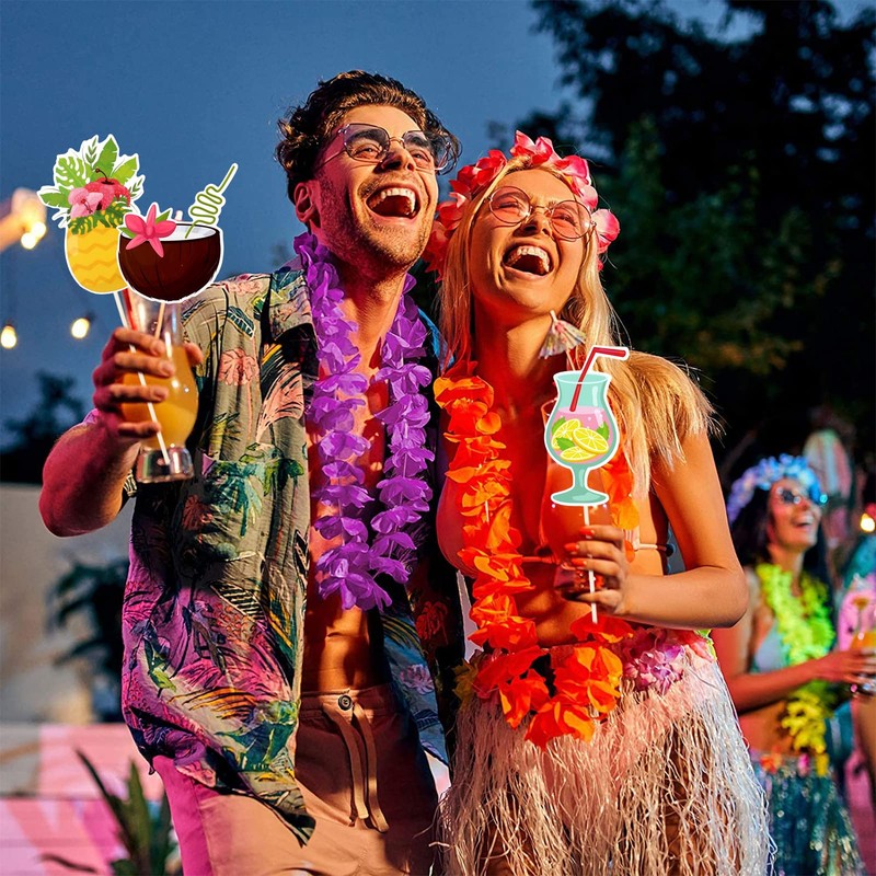 HOWAF 32 Pieces Hawaiian Luau Photo Booth Props, Tropical Themed