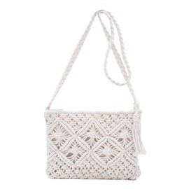 TeeYee Beach Bag Women's Small Shoulder Bag Exotic Braided Retro Handbag with Tassel for Leisure Holiday White