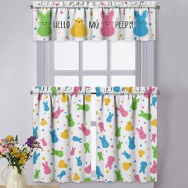 Xsinufn Easter Kitchen Curtains Valances 3 Piece Set,Spring Bunny Chick Hello My Peeps Rod Pocket Short Kitchen Tier Curtain Over Sink Window,Cute Farmhouse Cafe Curtains for Holiday Decor 36 Inch