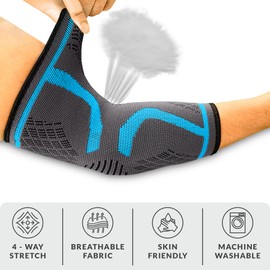 360 RELIEF Elbow Support for Men, Women, Kids, 1 Pack Compression Elbow Sleeve for Tennis, Golfers Elbow, Sports, Fitness, Gym, Weightlifting, Medium, Blue + Laundry Bag