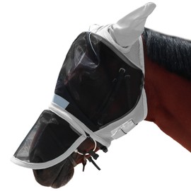 Wizbrio Luminous Horse Fly Mask with Long Nose, Ears, Full Face & Eye Protection - Full Mesh, Detachable Nose Cover, Fleece Padded Edging, Hook-and-Loop Straps with Webbing, Hanging Straps Grey