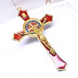 BRAVECOW Vintage Wall Decoration Wood Metal Hand Hold Cross Crucifix Jesus Holy Religious Carved Christ (Red)