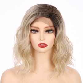 Onedor Shoulder Length Lace Front Short Wavy Hair Bob Wigs for Women (Blonde Blended with Dark Roots-M6182R)