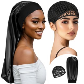 Long Hair Bonnet-Hair Wrap Net for Silk Press Set Braid Bonnet for Sleeping Extra Long Wrap Cap 2 Piece Set Anti Frizz Reusable Elastic Shower Cap for Braids, Curly (black net, black bonnet)