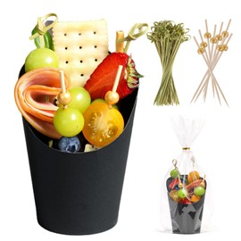 WixiTool Disposable Charcuterie Cups 120 PCS with 200PCS Sticks and 120PCS Bags, 14 oz Kraft Paper Snack Boxes Appetizers Cup French Fry Holder with Cocktail Skewers Toothpicks Tooth Picks, Black
