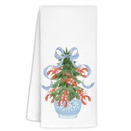 KRHFG Christmas Chinoiserie Kitchen Towels Decor,Blue Bow Christmas Tree Towels Gifts,Red Lobster Christmas Hand Towels for Bathroom Kitchen,Grandmillennial Decor,16x24 Inches