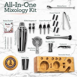 Black Mixology Bartender Kit Cocktail Shaker Set by Barillio: Drink Mixer Set with Bar Tools, Muddler, Mixing Spoon, Jigger, Strainer, Sleek Bamboo Stand & Recipes Booklet