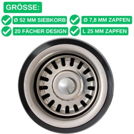 Sink Strainer Basket, 1 Pack, Diameter 52 mm Strainer Basket, Stainless Steel, Basket Spigot Protrudes 25 mm Deep into the Drain, Diameter 7.8 mm Spigot Pin, Replacement Part for Kitchen Sinks,