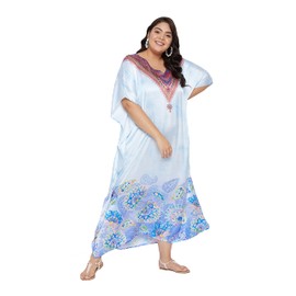 Oussum Caftán largo de satén sedoso para mujer, talla grande, estampado, suave caftán, vestidos de playa, traje de baño, ropa de dormir, maxivestido, Azul Cielo Floral&Paisley Kaftan, Talla única Más