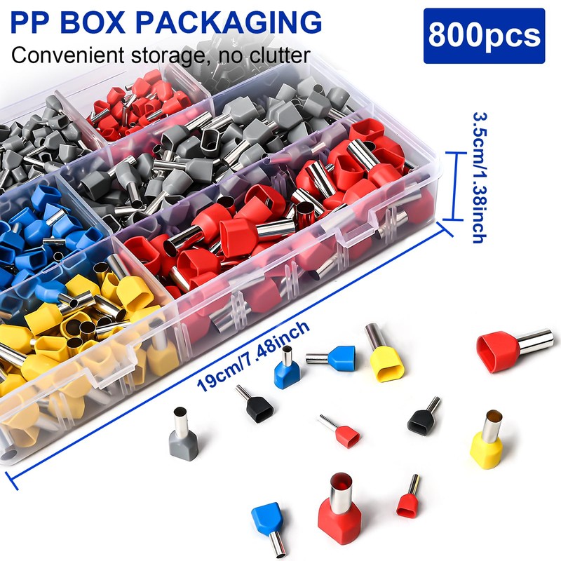 Preciva 800PCS Twin Bootlace Ferrules,0.5-10mm²Dual Terminals Kit,Crimp Connectors,All Brass Core