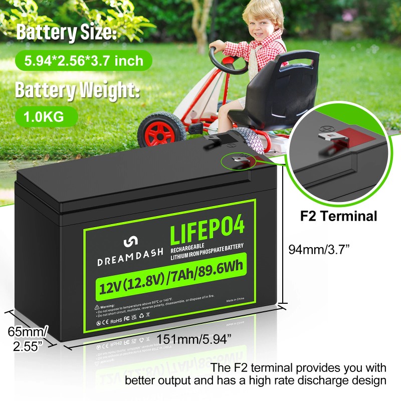 DREAMDASH 12.8V 7Ah LiFePO4 Lithium Battery 4000+ Deep Cycle for
