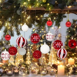 MHwan Christmas Baubles, 44pcs Beautifully Painted Baubles Christmas Tree Decorations, Shatterproof and Durable, Sparkling Christmas Decorations Tree, 6cm and 3cm Red and White Christmas Decorations