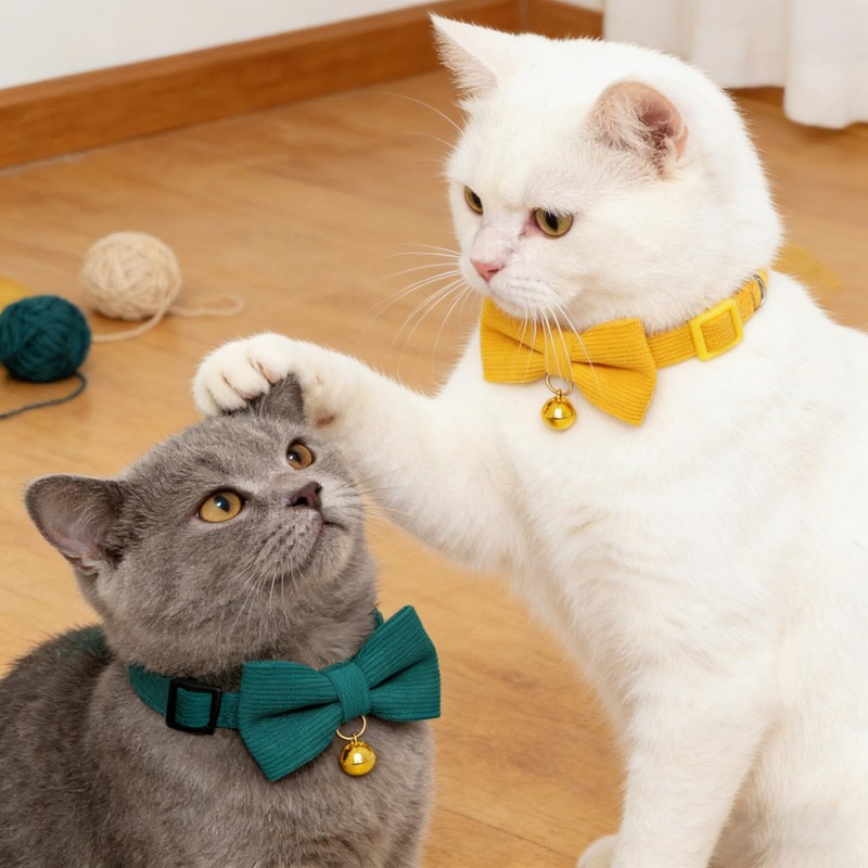 2 Pack Soft Corduroy Cat Collars with Bow Tie Bell