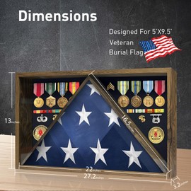 Flag Display Case for Funeral Flag, 5' x 9.5' Military Burial Flag Box with HD Tempered Glass and Removable Dividers, Memorial Flag Frame with Felt Lining for Badges Medals (Rustic Wood)