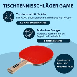 HUDORA Tischtennisschläger Game - hochwertiger Ping Pong Paddle mit ITTF KARATE-Turnierbelag - Tischtenniskelle für Einsteiger & Profis - komfortabler Table Tennis Schläger aus Holz