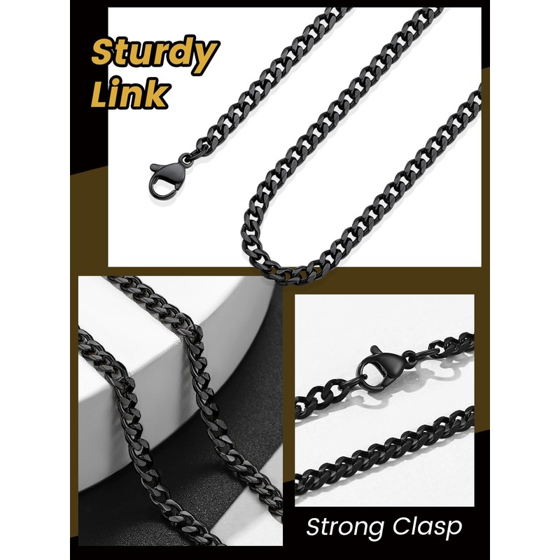 GOLDCHIC JEWELRY 3mm Flat Curb Necklace, Cuban Chain Black Necklace