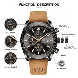 BENYAR Mens Watches Quartz Movement Chronograph Leather Strap Fashion Business Sport Design 30M Waterproof Scratch Resistant Elegant Gifts for Men