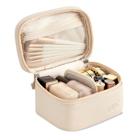 Linpr Makeup Bag for Women, Travel Make up Bags Organiser with Hand, Portable Cosmetic Bag with Brush Compartment, Small Makeup Case Toiletry Bag with PU Leather Water-Resistant (White, Small)