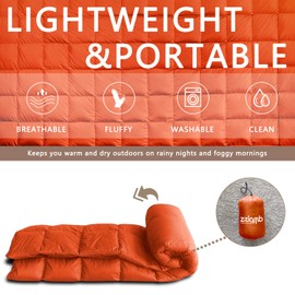 zzlamb Lightweight Puffy Down Camping Throw, Soft Outdoor Quilt for Picnic Beach Backpacking, Down Lap Blanket for Couch Plane Car, 50x77in Orange