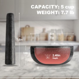 Koville African Natural Granite Mortar and Pestle Set, Grinder Bowl for Guacamole, Salsa, Pill Crusher, Spice, Herb, Garlic, Nut, Heavy Duty Grinder for Kitchen (Glossy Finish)